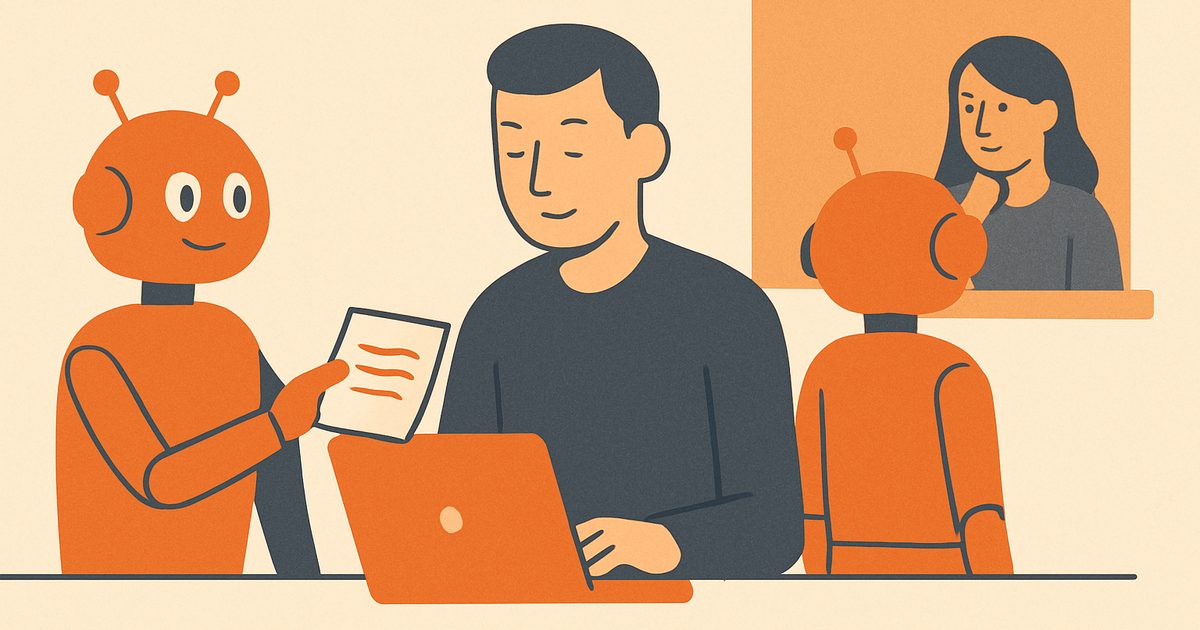A support desk where a small orange robot hands a summarised note to a human agent at a laptop, while a second robot stands with its back to a customer waiting at the service window.