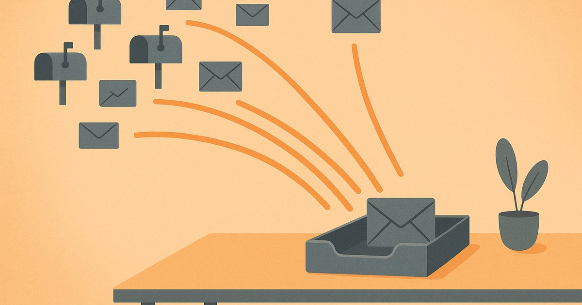 Separate brand mailboxes flowing along orange lines into one shared inbox tray on a desk.