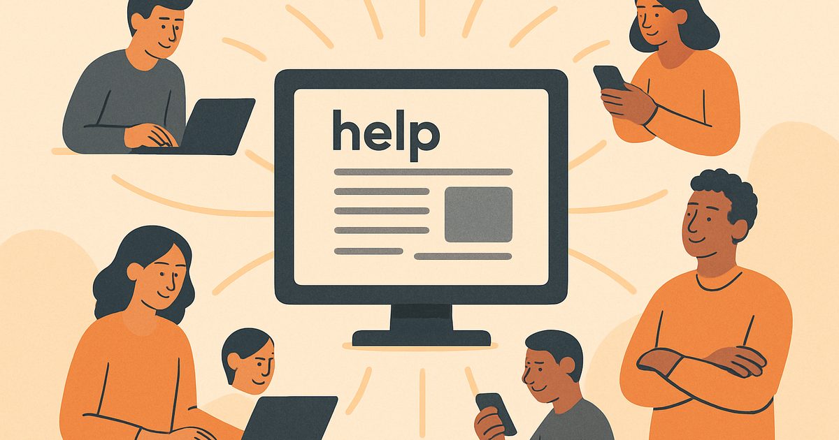 One published help article on a screen, being read by several customers on laptops and phones, while a support agent stands by with nothing to answer