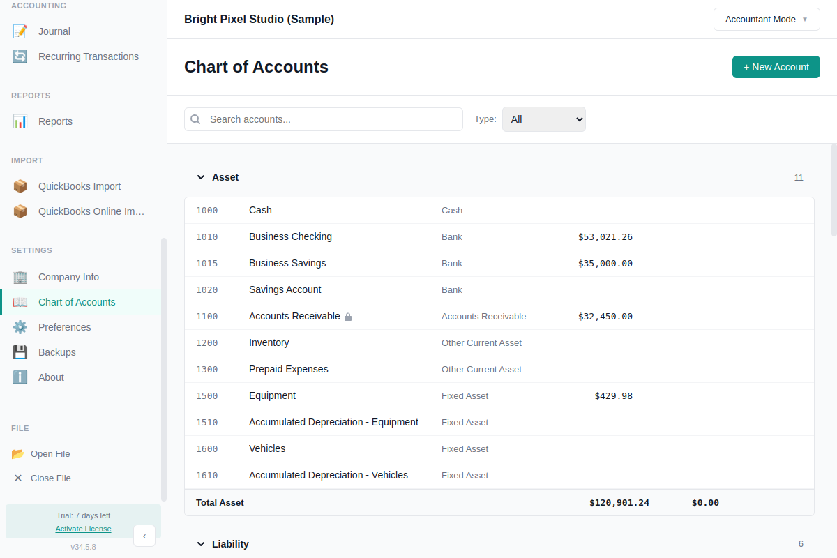 Chart of Accounts in Accountant Mode