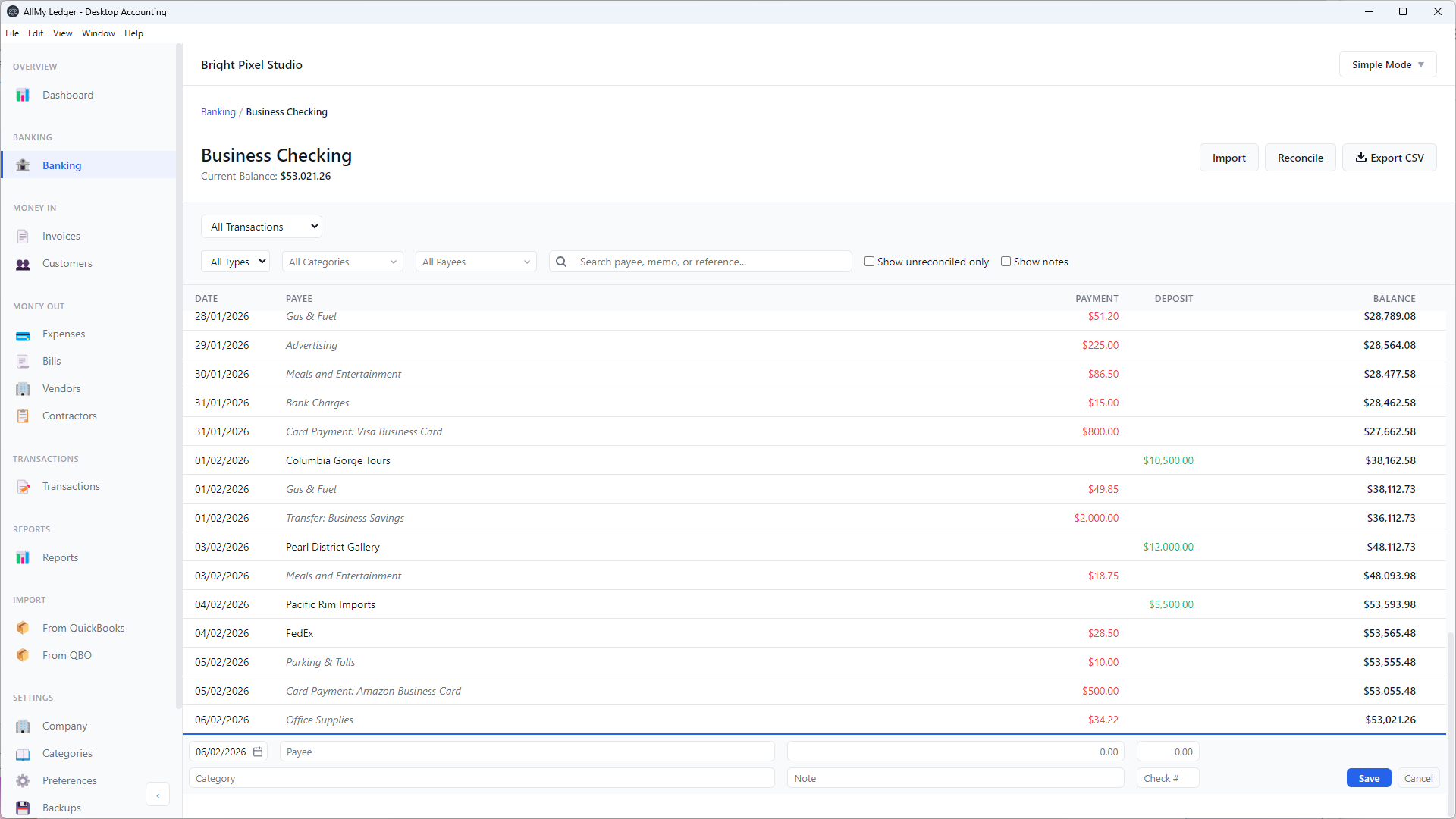 Bank import in AllMy Ledger