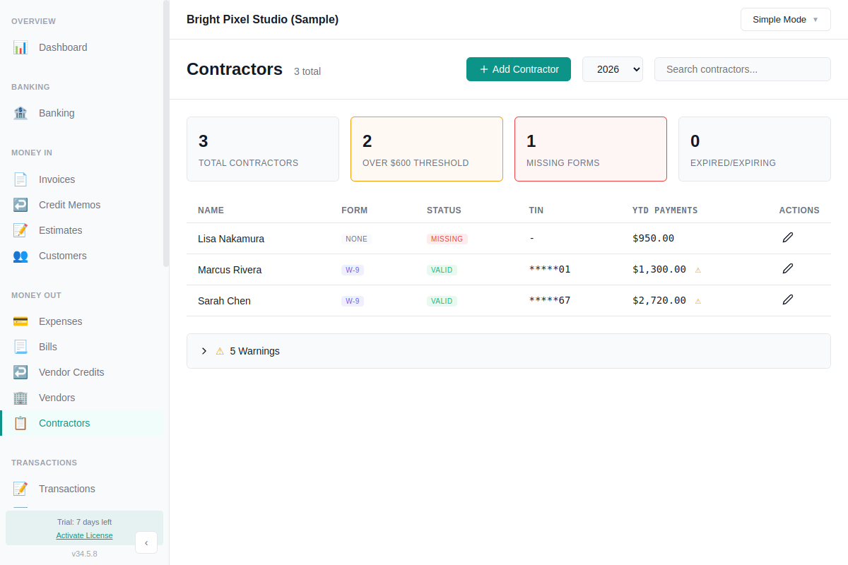Contractors list showing YTD payments and form status