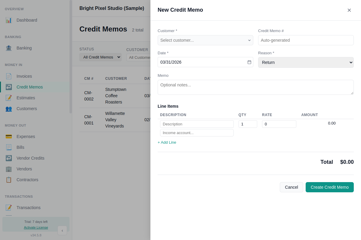 Credit memo form in AllMy Ledger with customer, reason, and line items