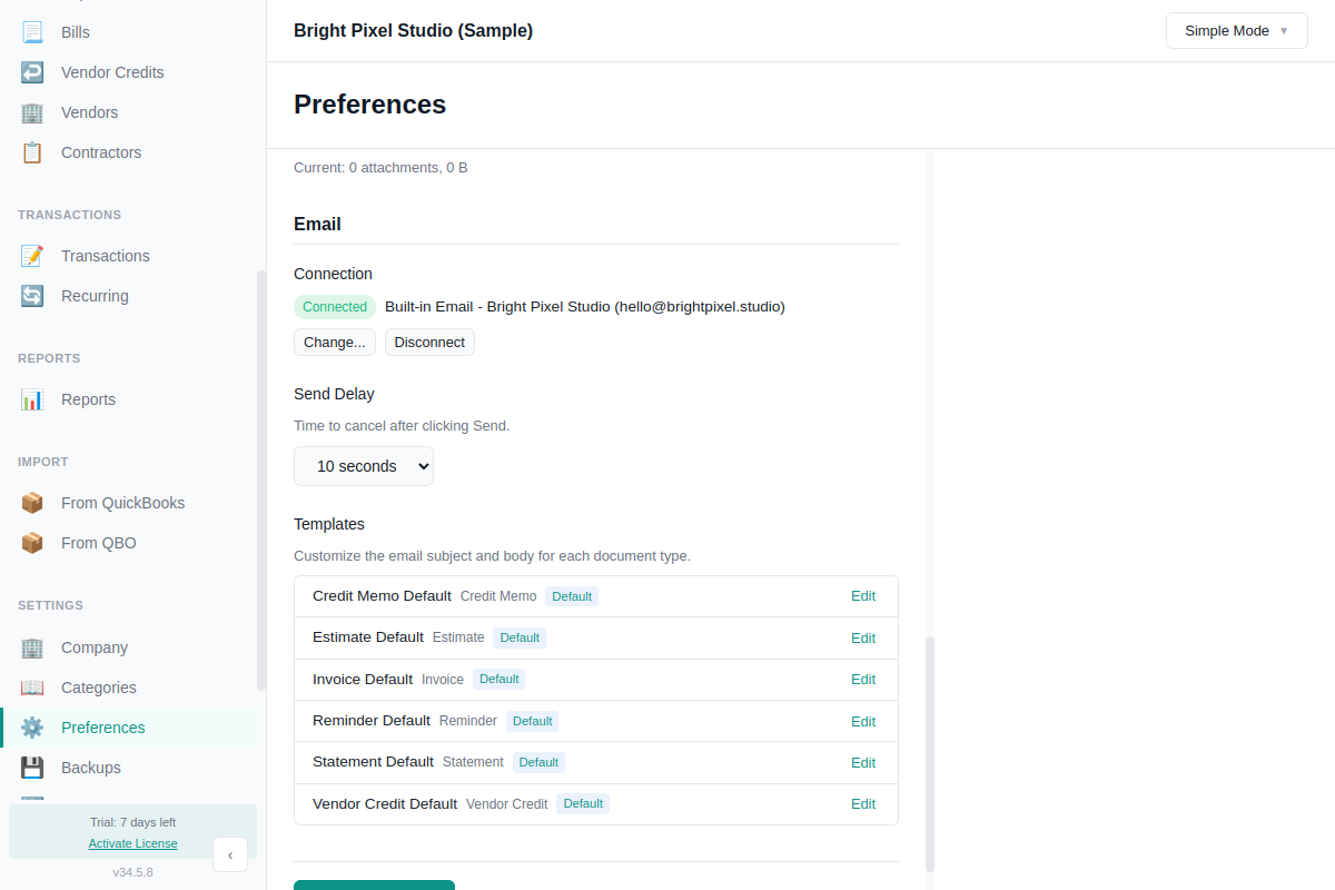 Email settings in Preferences showing connected status, send delay, and template list