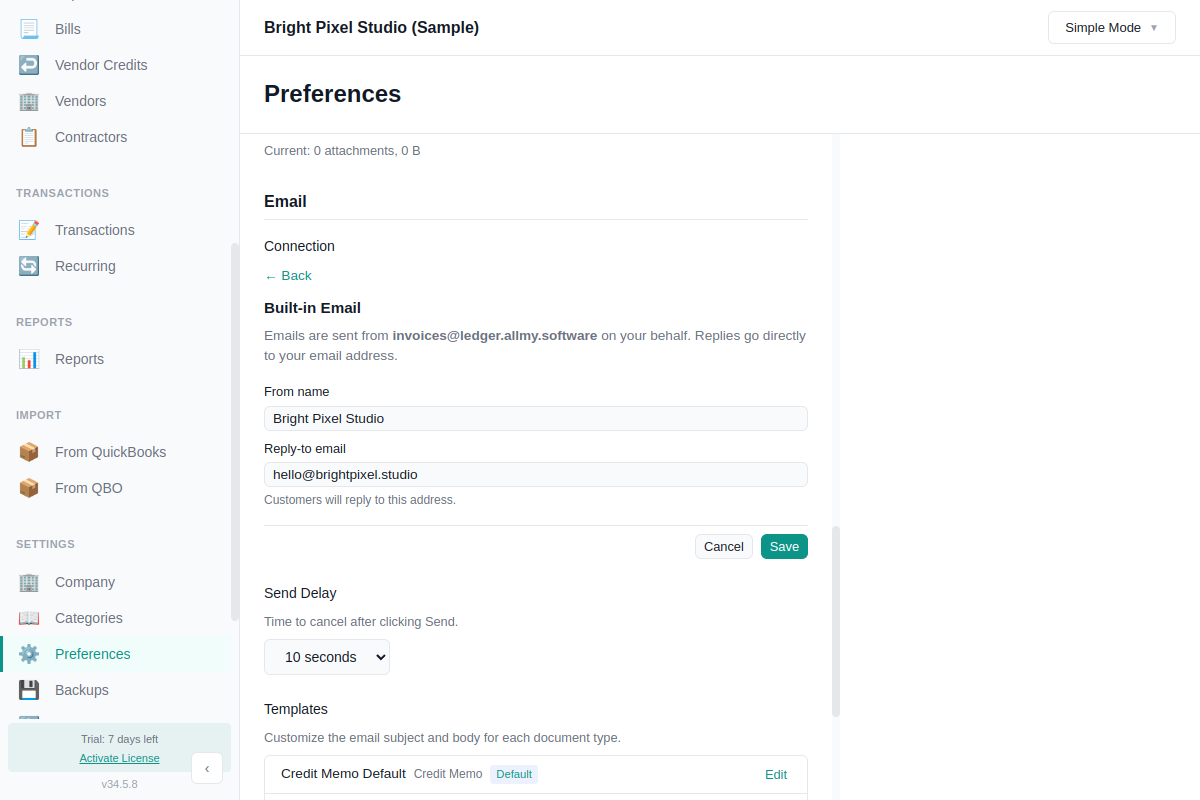 Built-in Email setup showing From name and Reply-to email fields