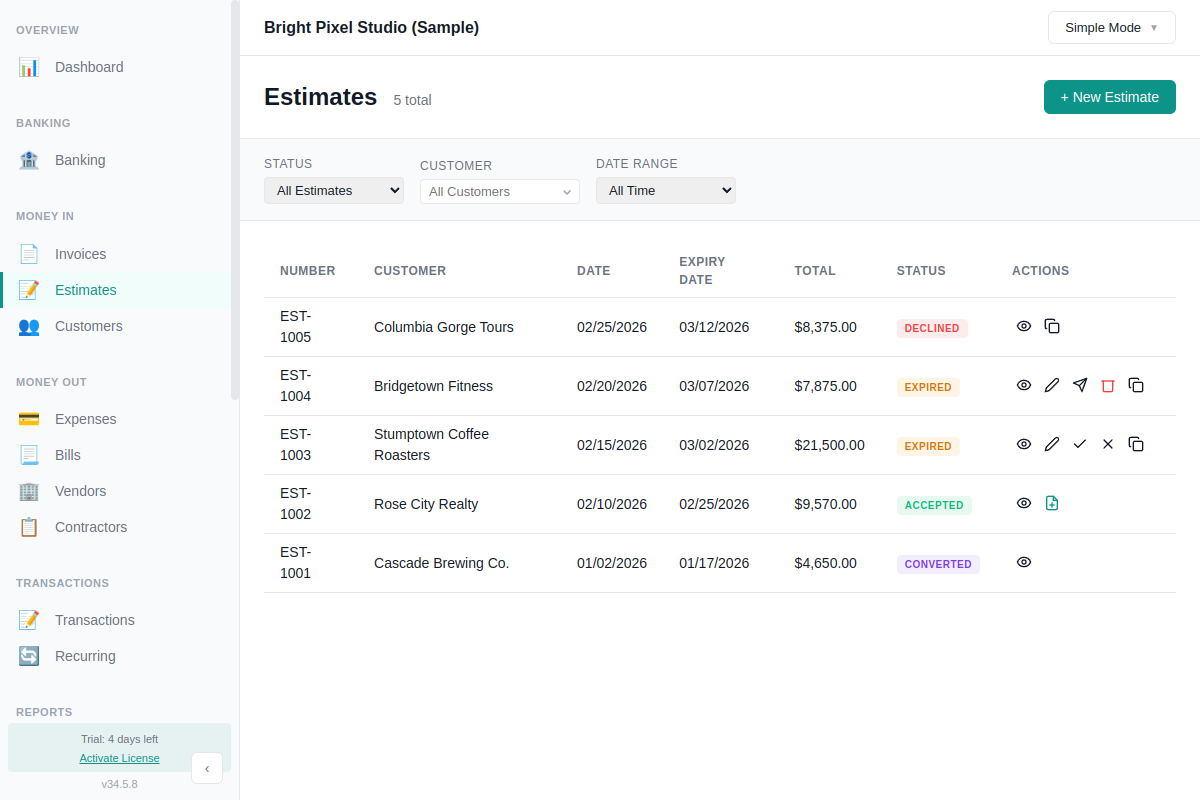 Estimates list in AllMy Ledger showing status, customer, totals, and action buttons