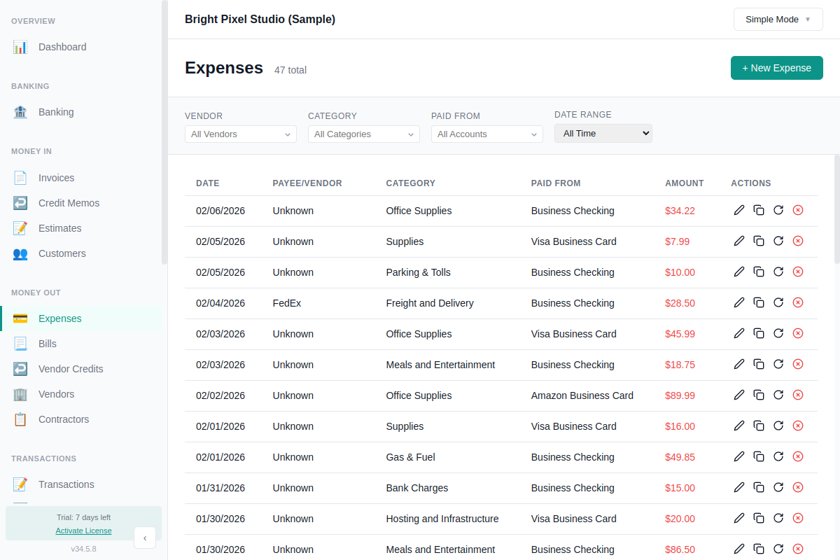 AllMy Ledger expenses list with vendor and category filters