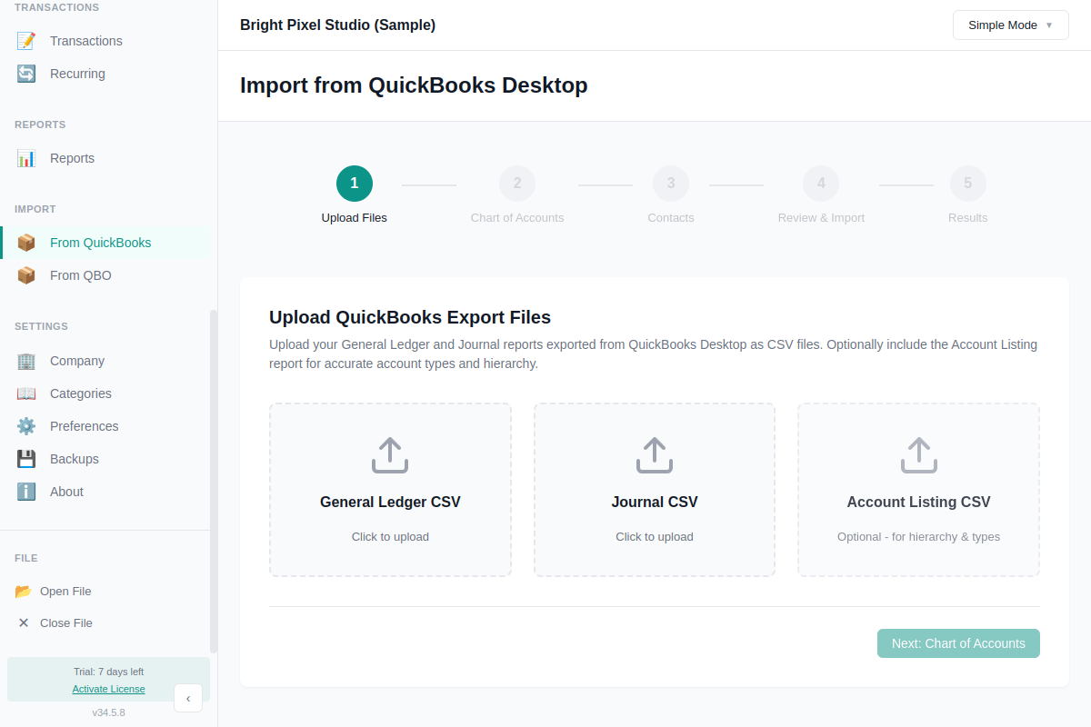 QuickBooks Desktop import wizard showing file upload step with parse summary