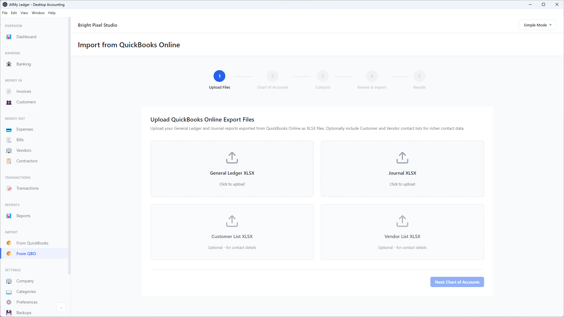 QuickBooks import screen in AllMy Ledger