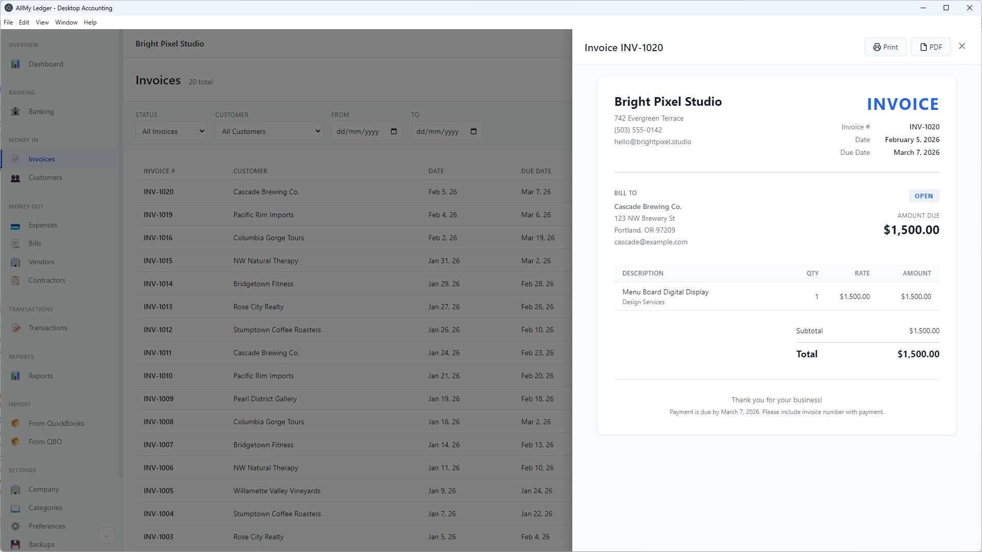 AllMy Ledger invoice list and preview