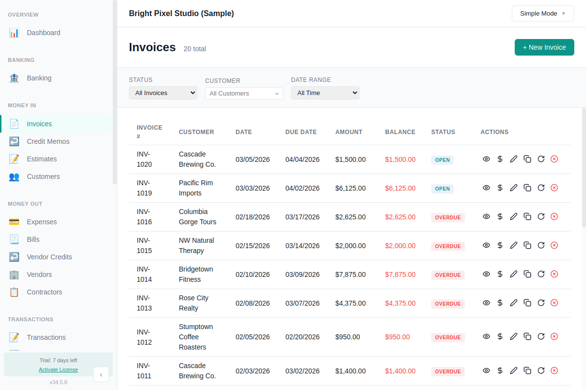 AllMy Ledger invoice list showing status, amounts, and actions