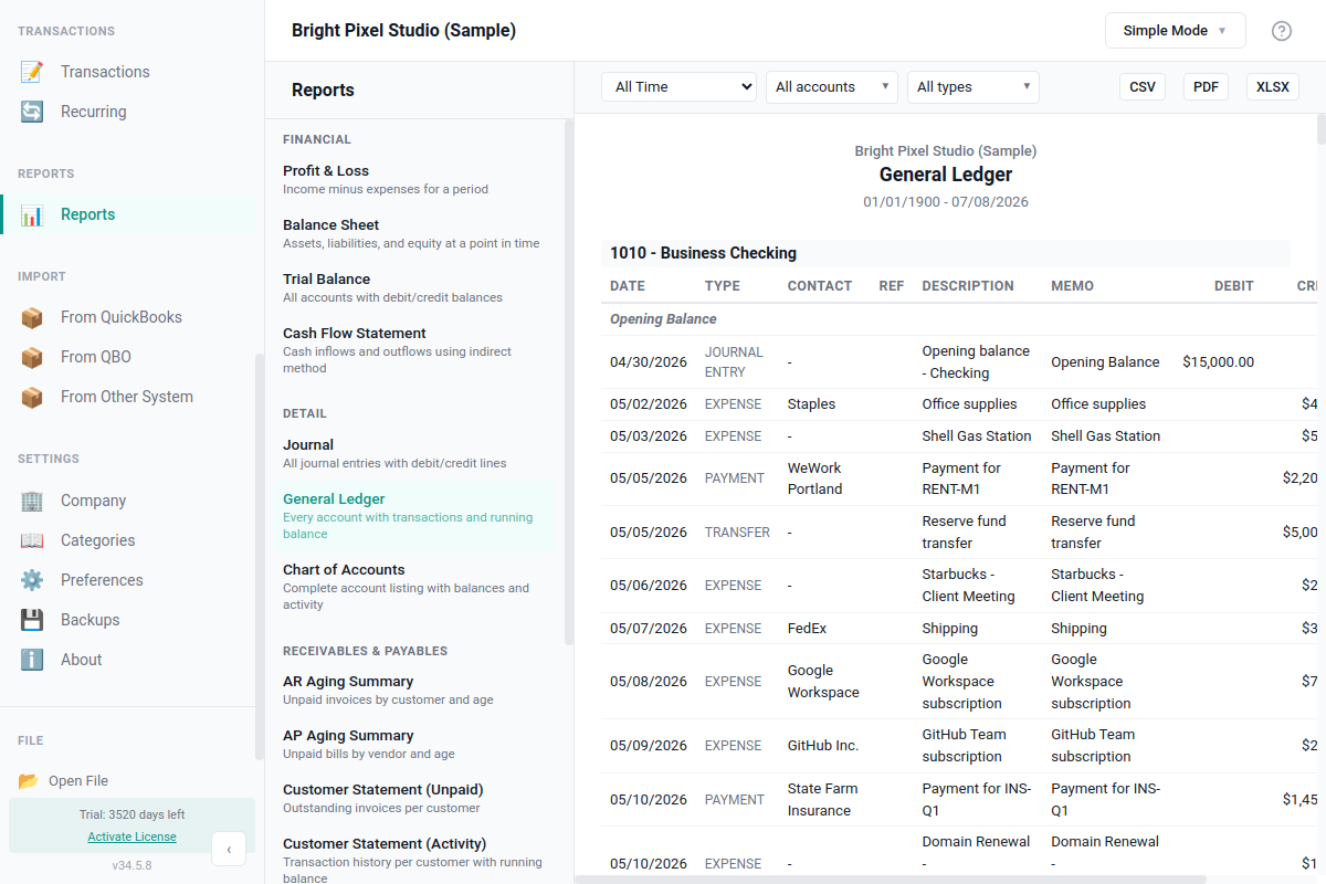 General Ledger report in AllMy Ledger showing the Contact and Memo columns, account and transaction-type filters, and running balances