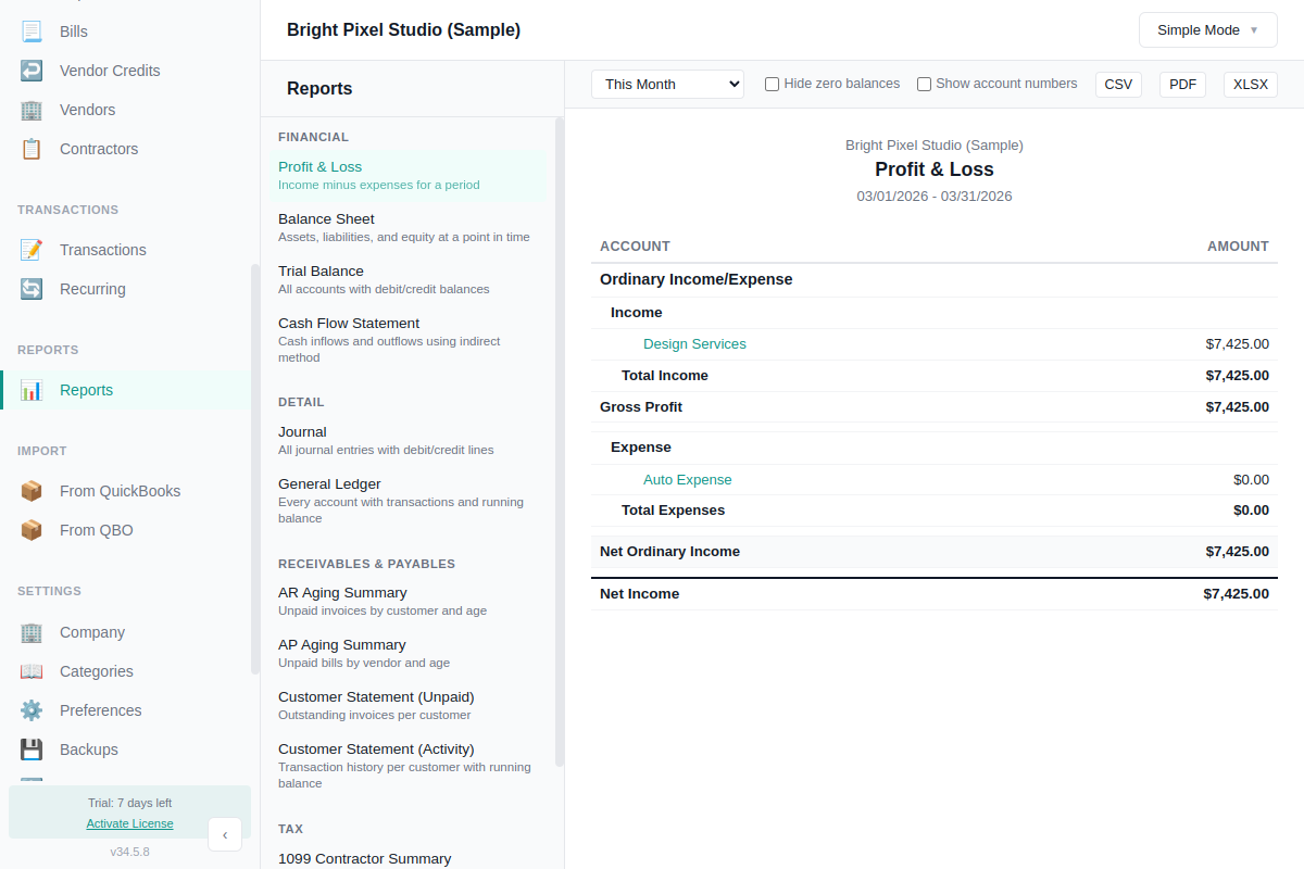 AllMy Ledger Profit and Loss report showing income, cost of sales, and expenses