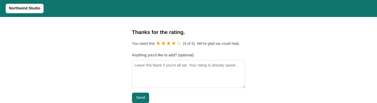 A branded customer satisfaction survey with a one-to-five star rating and a comment box.