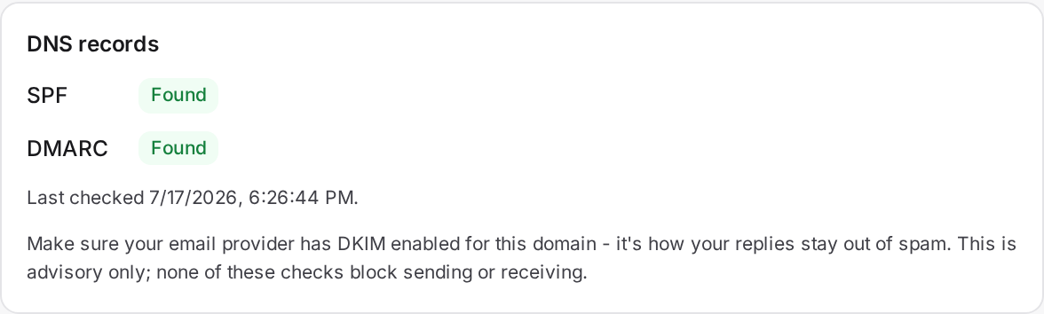 The DNS records panel showing SPF, DKIM, and DMARC status for a brand's sending domain