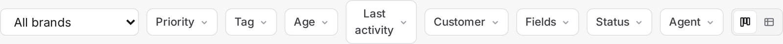 The tickets-list filter bar on /tickets/all: brand, priority, tag, and field filters, with a toggle between kanban and table view