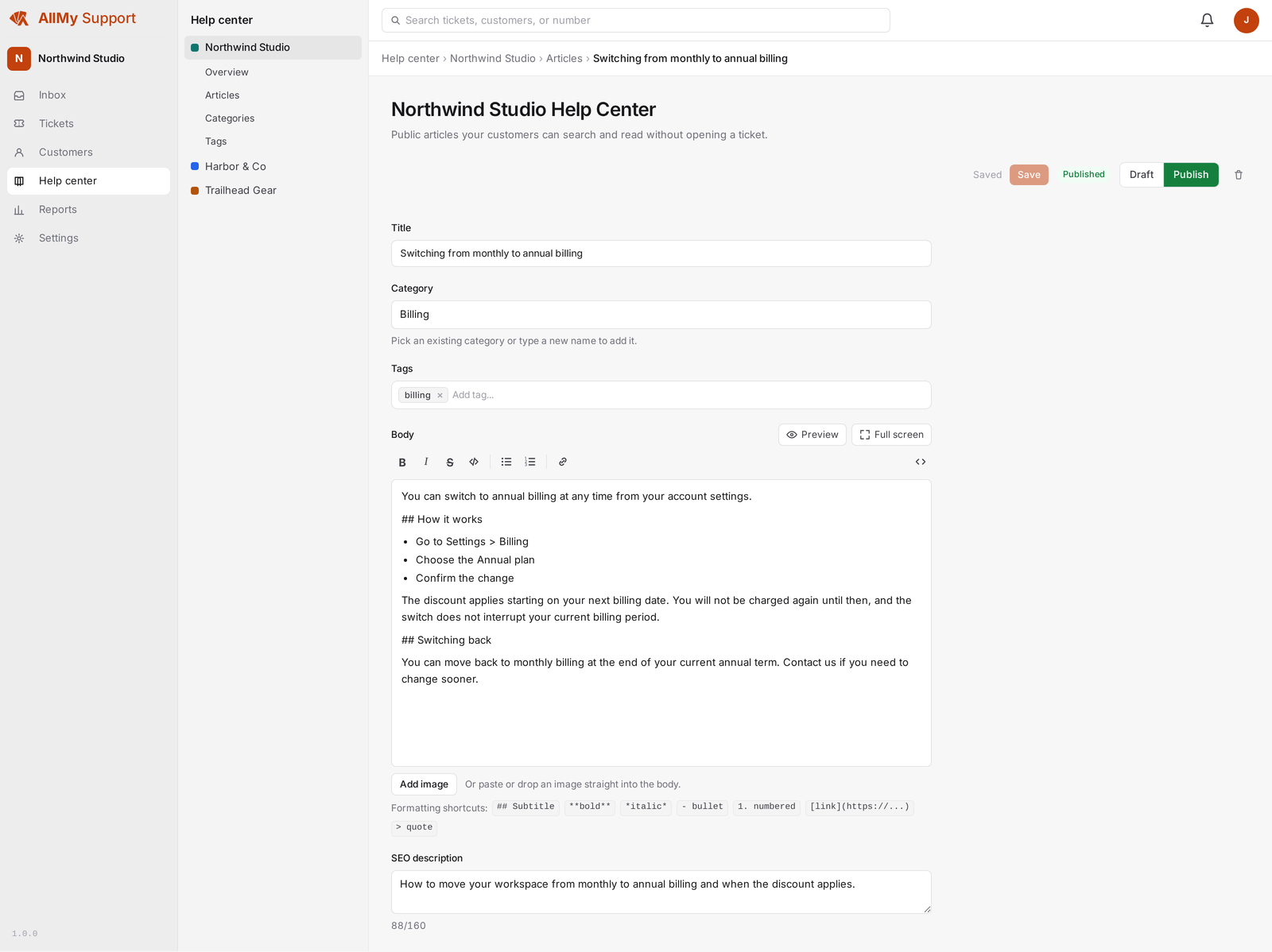 The AllMy Support article editor with formatting tools and a live preview of the published article