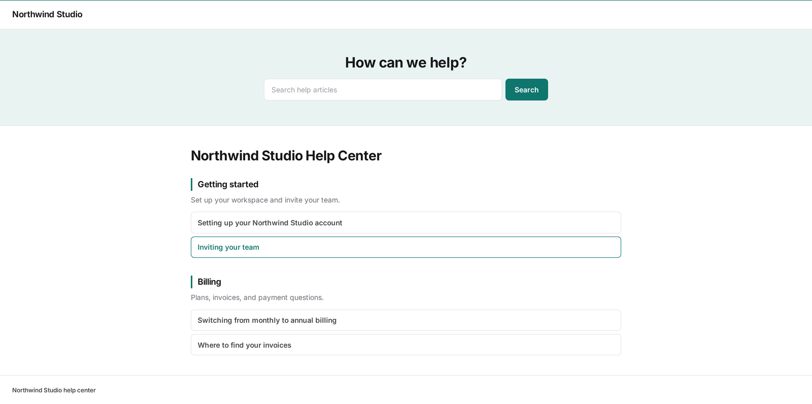 A published AllMy Support help site with categories and articles, branded for one of the brands.