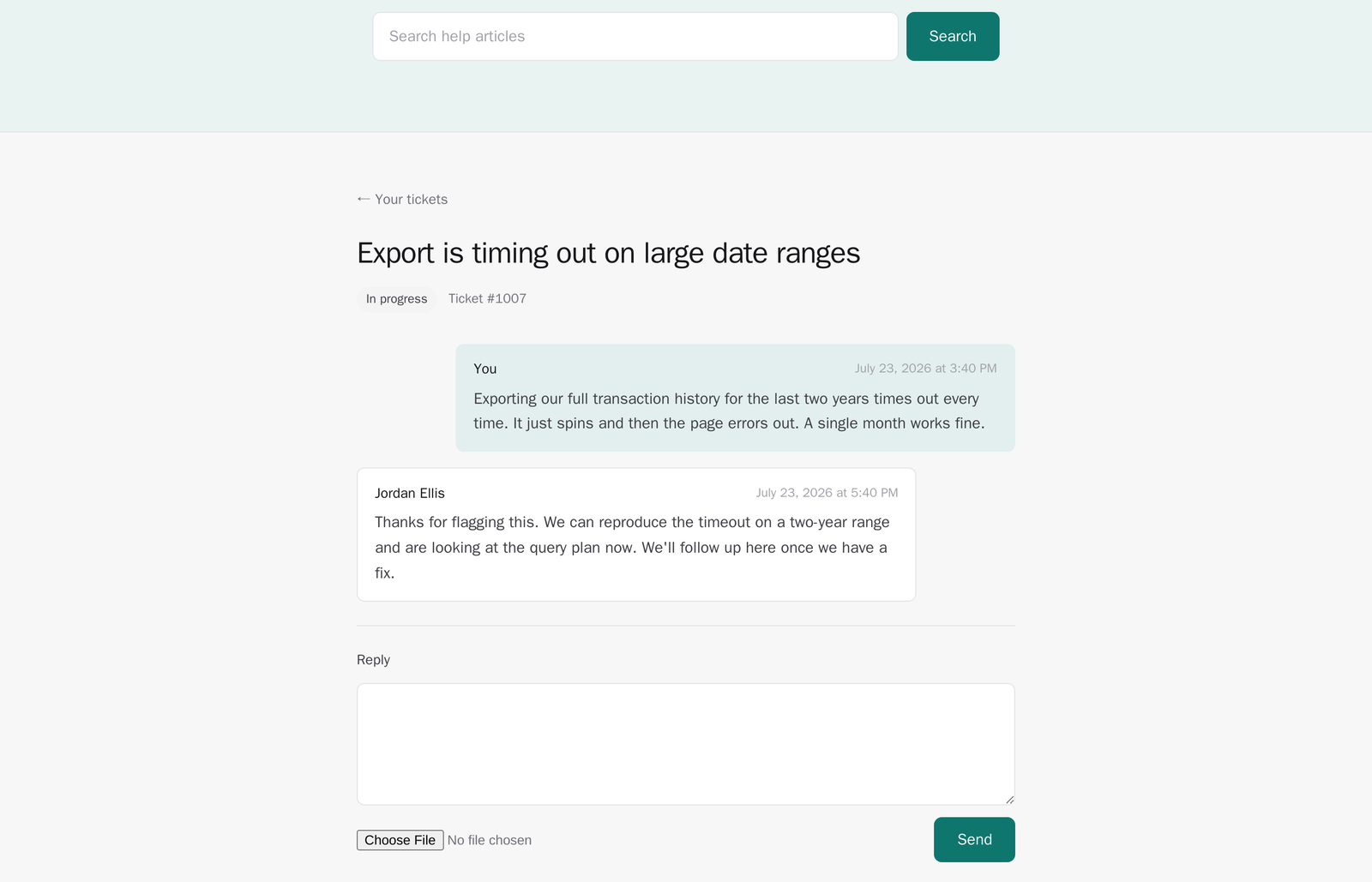 A customer viewing one of their tickets in the portal, showing their original message and the agent's reply with the agent's name, and a box to write another reply.