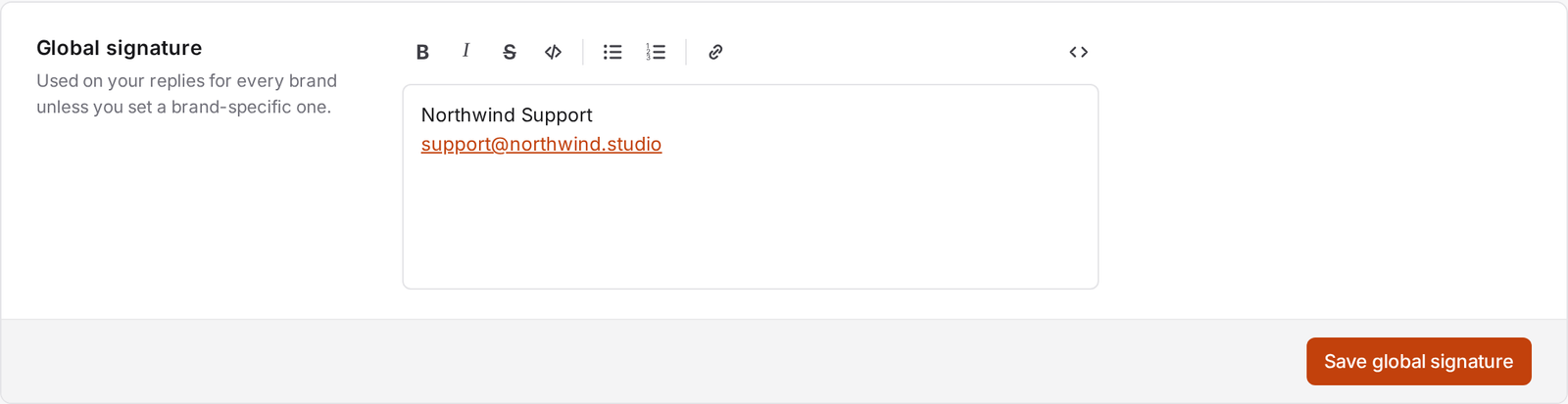 The global signature editor, with a rich-text toolbar and a Save global signature button