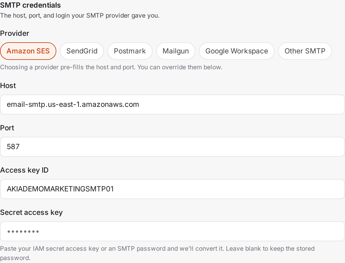 SMTP credential fields for username, password, From name, and From email
