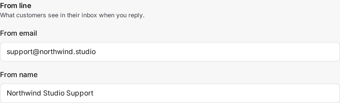 The From email and From name fields, showing what customers see in their inbox when you reply