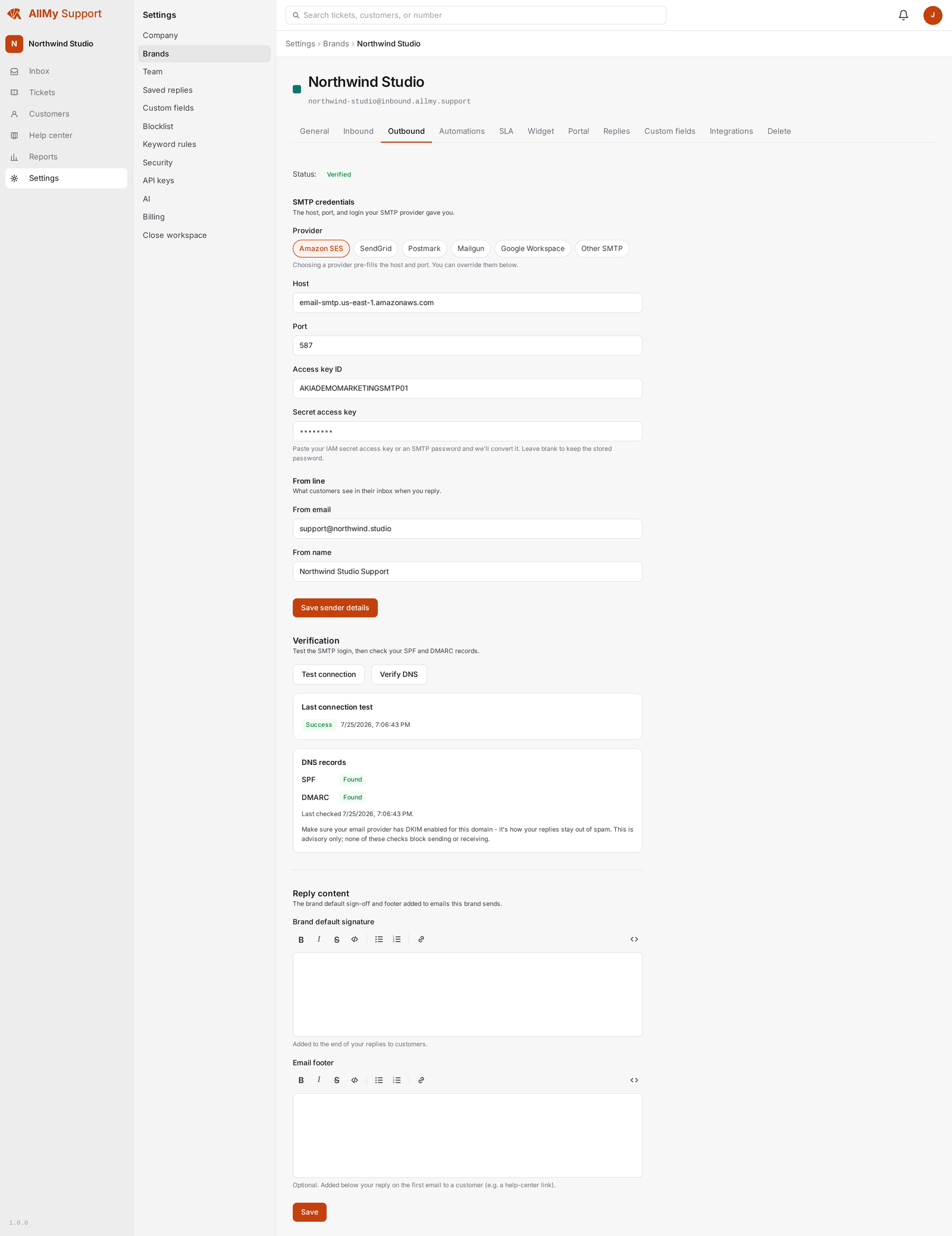 A brand's outbound settings with Amazon SES selected, showing the SMTP host, port, sender name and address, and a verified connection.