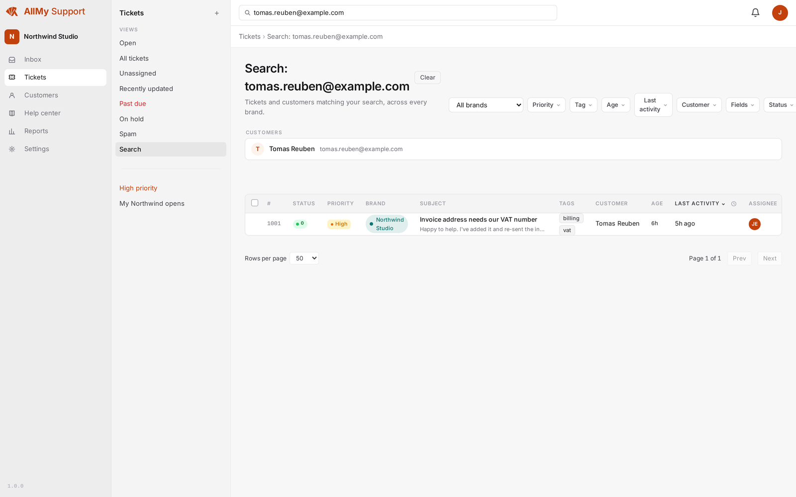 The global search box in AllMy Support showing results grouped into tickets and customers.