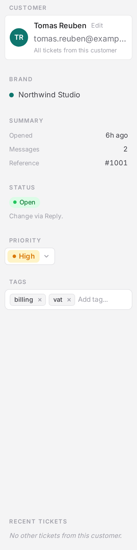The ticket detail panel showing status, assignee, priority, and tags