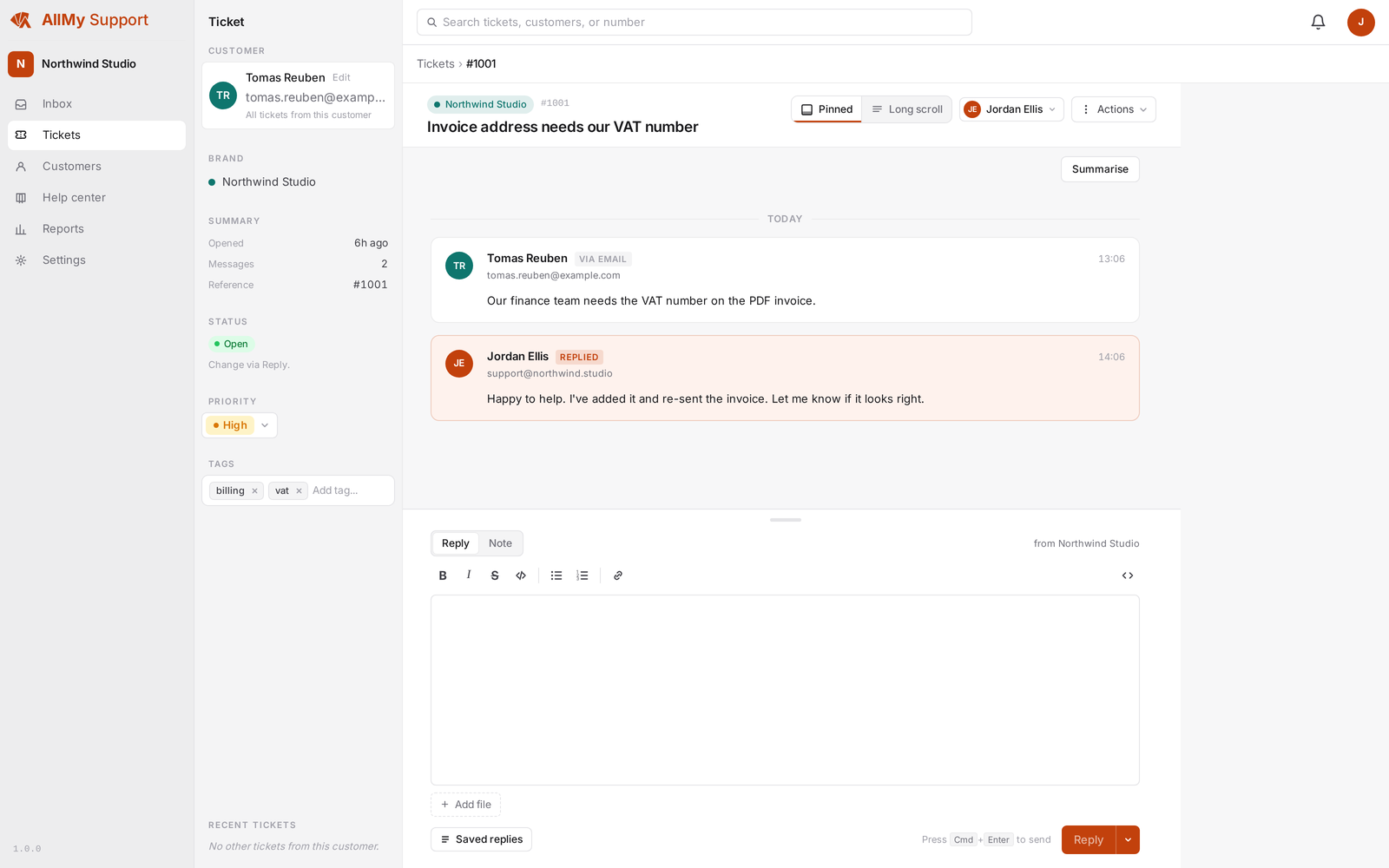 AllMy Support ticket view showing an email conversation with customer details and reply box