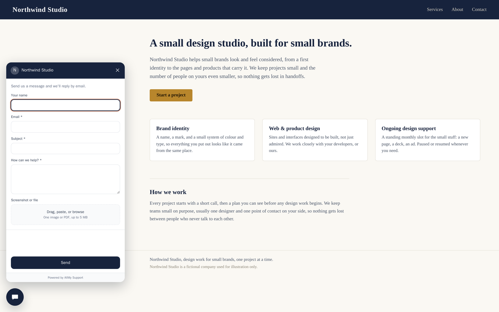 A small-business website with the AllMy Support contact widget open in the lower left corner, showing name, email, subject, and message fields with a send button.