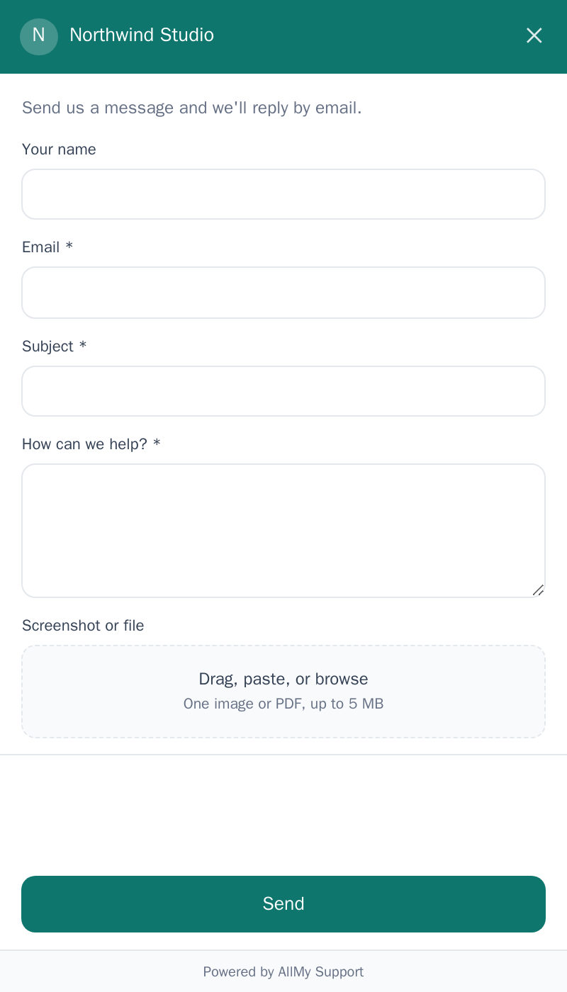 The AllMy Support contact widget open on a website, showing name, email, subject, and message fields with a send button.