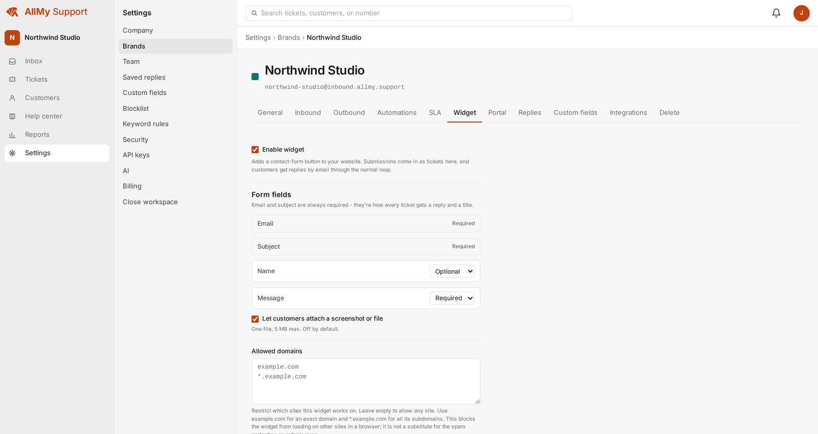 The widget settings for a brand in AllMy Support, showing the widget switched on, the form field settings, and the allowed-domains list.