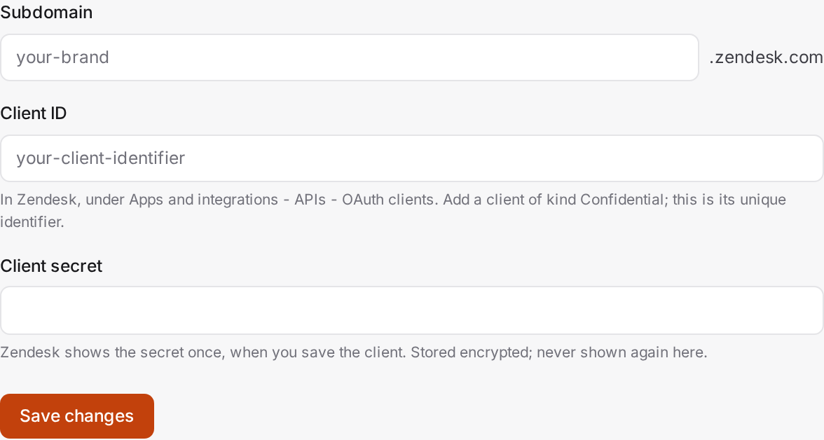 The Zendesk connection form: your subdomain, an OAuth client ID, and its client secret