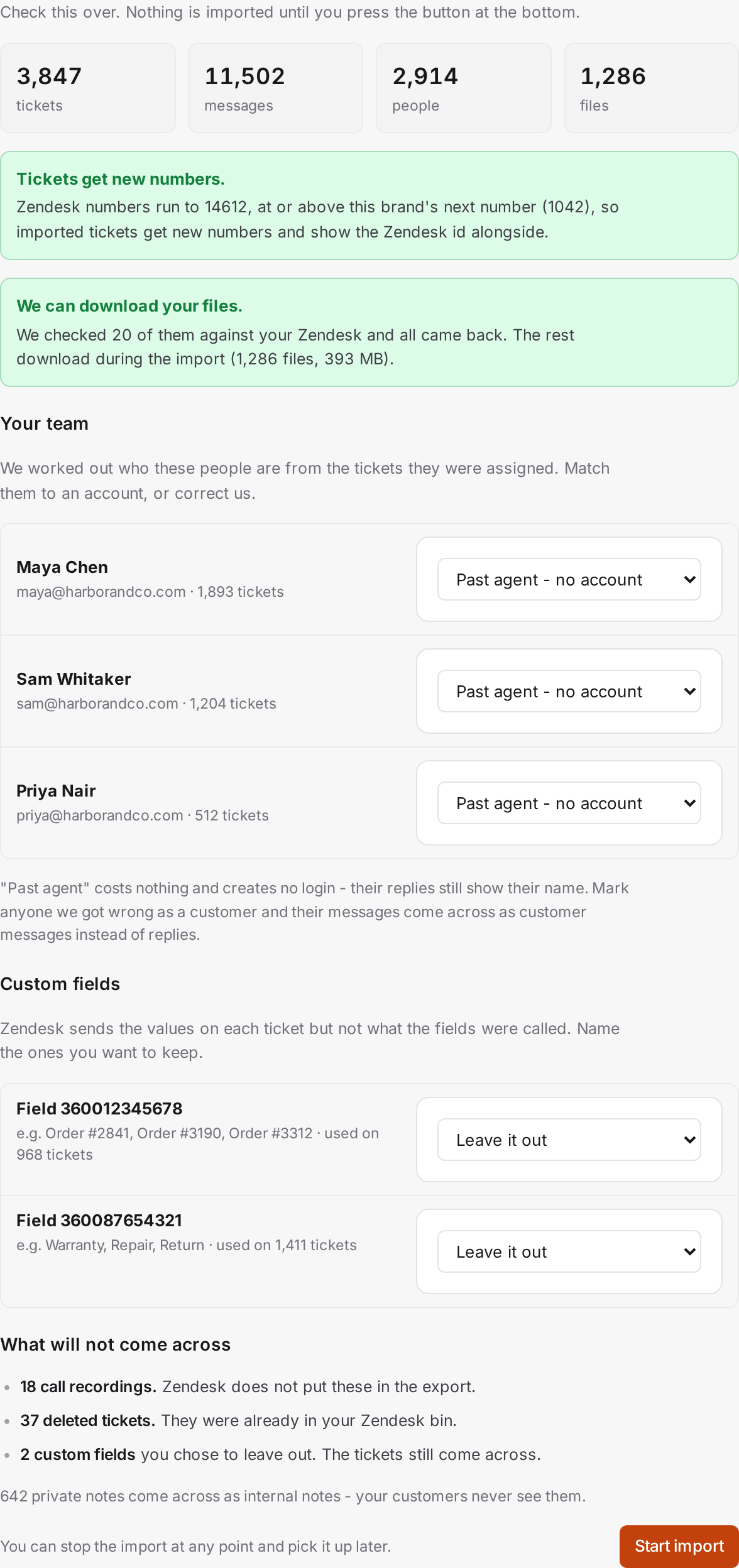 The preview before an import runs: ticket, message, people and file counts, how ticket numbering will work, and each Zendesk agent with a choice of how to match them
